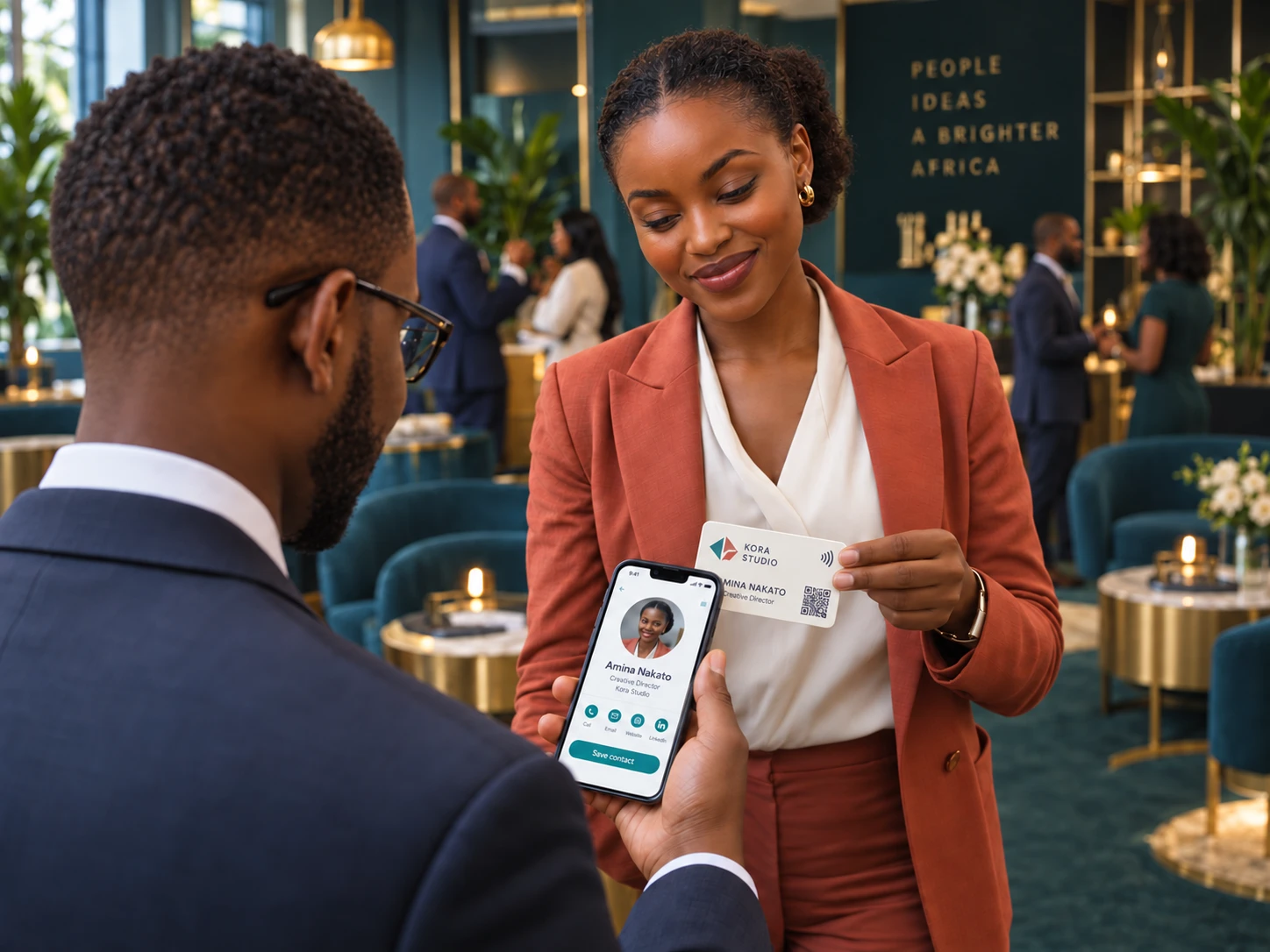 A man taps a woman's business card with his phone and opens her digital profile. Her card shows her name, role, company logo, QR code and NFC symbol.
